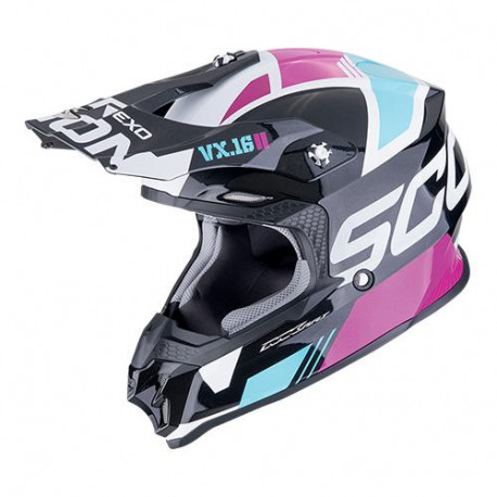 Casque Moto Scorpion VX-16 EVO AIR ANALOG Noir Métal-Bleu-Rose